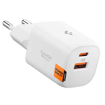 35W-os fali töltő egy USB-C és egy USB-A csatlakozóval, Spigen „ArcStation Essential”, Quantum Boost technológiával – fehér