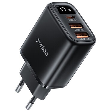 Yesido YC67 fali töltőadapter 2× USB-A és 1× USB-C kimenettel, 17W, három eszköz egyidejű töltéséhez, kábellel – fekete