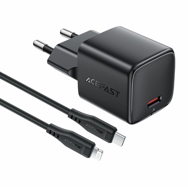 Acefast A118 GaN PD30W fali töltő USB-C bemenettel és mellékelt USB-C–Lightning kábellel – fekete