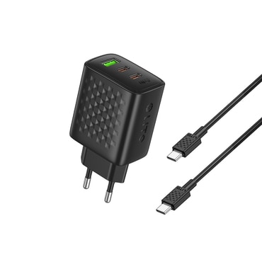 Stenski polnilec Lito "LC25T" PD 65W z GaN tehnologijo, 2x USB-C , enim USB-A vhodom in USB-C v USB-C kablom - črn