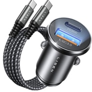 Lisen „YL022” PD 36W, QC 3.0 autós töltő USB-A és USB-C csatlakozóval, mellékelt USB-C–USB-C kábellel – fekete/kék