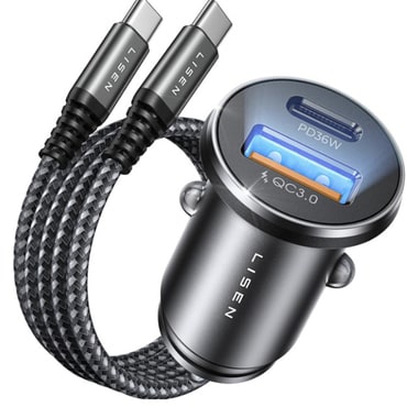 Lisen „YL022” PD 36W, QC 3.0 autós töltő USB-A és USB-C csatlakozóval, mellékelt USB-C–USB-C kábellel – fekete/kék