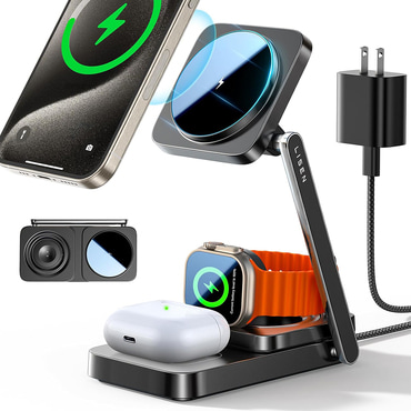 3 az 1-ben vezeték nélküli töltőállomás, 15W MagSafe Lisen "YL042" fali adapterrel és USB-C kábellel - fekete