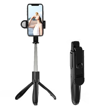 Selfie bot Techsuit "S01-S" Bluetooth távirányítóval, LED lámpával és állvánnyal, 70 cm - fekete