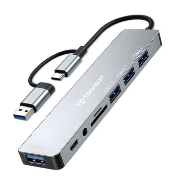 Hub állomás Techsuit "DataBridge 8v1 (H9)" USB-A / USB-C - 4x USB-A, USB-C, 3.5mm Jack, TF/SD kártya - gray