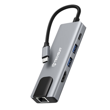 Hub állomás Techsuit "NetBridge 5v1 (H1)" USB-C - 1x USB-C 2.0, 1x USB-C 3.0, 1x USB-C, 1x HDMI, 1x RJ45, PD87W, 4K 30Hz-nél - gray