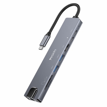 Hub postaja Yesido "HB27 8v1" USB-C - 2x USB-A 3.0, 2x USB-C, 1x HDMI, 1x RJ45, 1x SD, 1x TF, PD100W, 4K 30Hz-nél - szürke