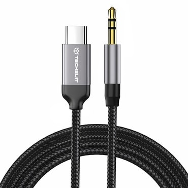Audio kábel Techsuit USB-C - AUX 3.5mm "SoundShell AC9" DAC chip, 16bit/48kHz, 1.5m - szürke