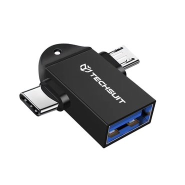 OTG adapter Techsuit "TwoVoltX A16" USB-A és USB-C és Micro-USB 3 az 1-ben, alumínium - fekete