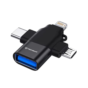 OTG adapter Techsuit "SoundVoltX A17" 4 az 1-ben USB-A USB-C-hez, Micro-USB-hez, Lightning-hez - fekete