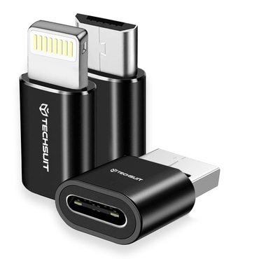 Három OTG adapter készlet Techsuit "TriFlashX A19" 3 az 1-ben USB-C - 1x USB-A, 1x Micro-USB, 1x Lightning, 480Mbps készülékhez - fekete.