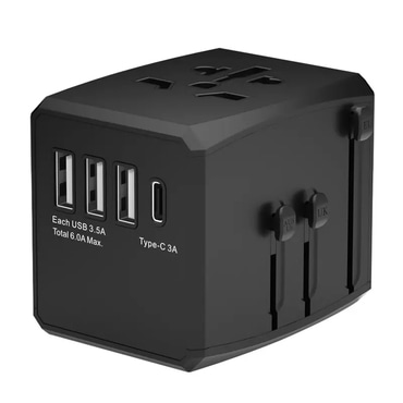 Utazó adapter Techsuit "HHT904-B1" EU/UK/AUS/US, 3x USB + 1x USB-C, PD 15W készülékhez - fekete