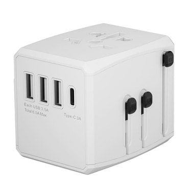 Utazó adapter Techsuit "HHT904-W3" EU/UK/AUS/US, 3x USB + 1x USB-C, PD 30W - fehér.