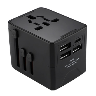 Utazó adapter Techsuit "HHT520" EU/UK/AUS/US, 3x USB + 1x USB-C készülékhez - fekete.