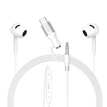 Fülhallgató Lito "LF03" 3.5mm Jack és USB-C csatlakozóval, sztereó, HD mikrofonnal, 1.2m - fehér