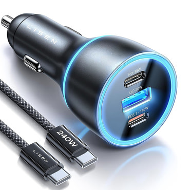 Autós 170W töltő Lisen "YL0225060006" 2x USB-C, 1x USB-A, GaN, Type-C kábellel - black