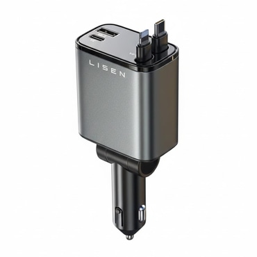 Autós töltő Lisen "YL0224040031" 4 az 1-ben USB-C és Lightning kihúzható kábelekkel - black