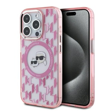 Tok Karl Lagerfeld "IML MagSafe" iPhone 15 Pro készülékhez - pink monogram karl and choupette head