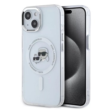 Tok Karl Lagerfeld "IML MagSafe" iPhone 15 készülékhez - white metal karl&choupette heads