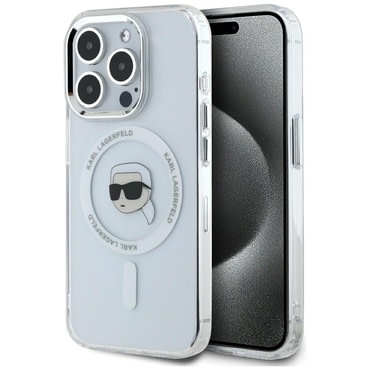 Tok Karl Lagerfeld "IML MagSafe" iPhone 15 Pro készülékhez - white metal karl`s head