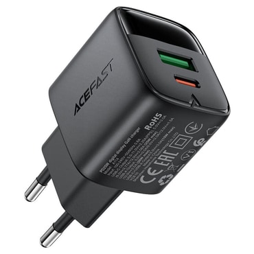 Fali 25W töltő Acefast "A114" digitális kijelzővel, GaN, 1x USB-A, 1x USB-C - black