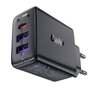 Fali 35W töltő Acefast "A57" GaN, 2x USB-A, 1x USB-C készülékhez - black