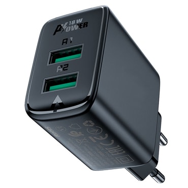 Fali 18W töltő Acefast "A33" 2x USB-A - black
