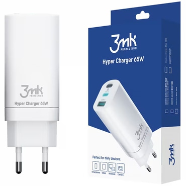 Fali 65W töltő 3mk "Hyper" 2x USB-C, 1x USB-A, GaN technológia, Quick Charge készülékhez - white