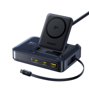 Vezeték nélküli 160W töltőállomás Baseus "Nomos NH21" kihúzható kábellel, 3x USB-C, Qi2 - cosmic black