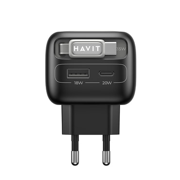 Stali 35W töltő Havit "UC251 EU" kihúzható USB-C kábellel, 2x USB-C, USB, GaN - gray