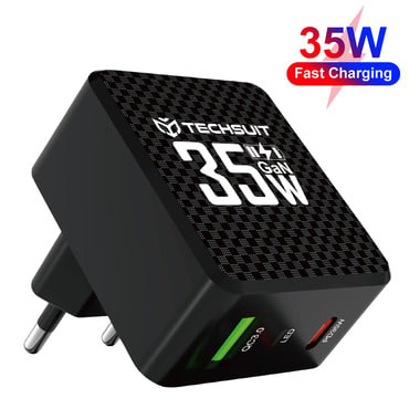 Fali 35W töltő Techsuit "Tiny Series CHPD173" GaN, USB-C, LED kijelző - fekete