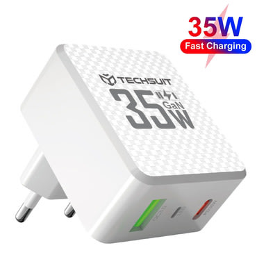 Fali 35W töltő Techsuit "Tiny Series CHPD173" GaN, USB-C, LED kijelző - fehér