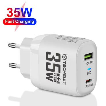 Fali 35W töltő Techsuit "CHPD174" GaN, USB QC3.0, USB-C PD - fehér