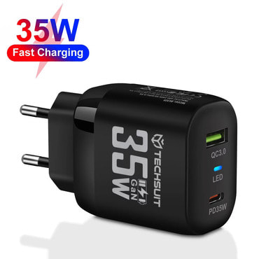 Fali 35W töltő Techsuit "CHPD174" GaN, USB QC3.0, USB-C PD - fekete