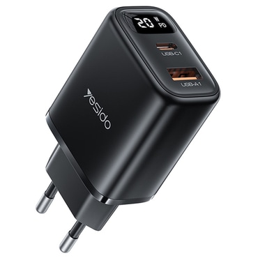 Fali 20W töltő Yesido "YC68" digitális kijelzővel, PD és QC3.0 - fekete