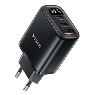 Fali 30W töltő Yesido "YC69" digitális kijelzővel, 1x USB-A, 2x USB-C - fekete