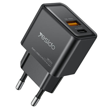Fali 30W töltő Yesido "YC64" 2x USB-C és USB-A, GaN technológia - fekete