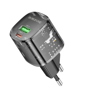 Fali 20W töltő Borofone "Sunlight BN17" 2x USB-C Plus USB-A, PD20W, QC3.0 készülékhez - fekete