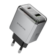 Fali 35W töltő Borofone "Lena BN20" 2x USB-C Plus USB-A, PD, QC3.0 - fém szürke