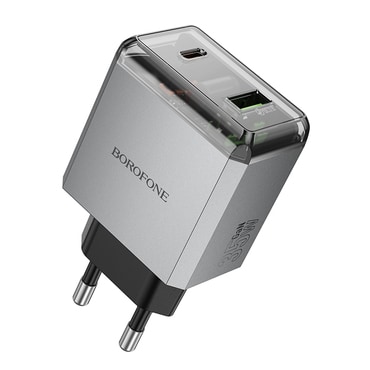 Fali 35W töltő Borofone "Lena BN20" 2x USB-C Plus USB-A, PD, QC3.0 - fém szürke