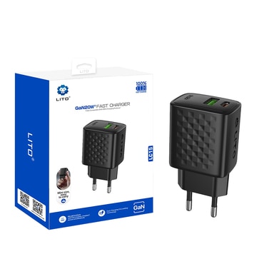 Fali 20W töltő Lito "LC15" GaN, USB-C és USB kimenet - black