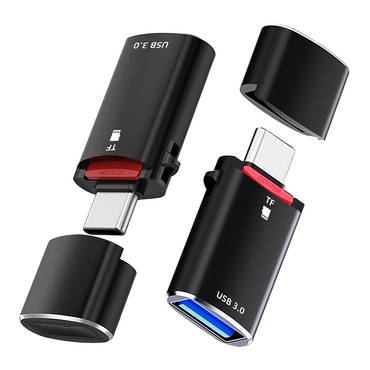 USB-A és USB-C OTG adapter Techsuit "AluVoltX CC1" 5Gbps, TF kártyaolvasó, 3A - fekete