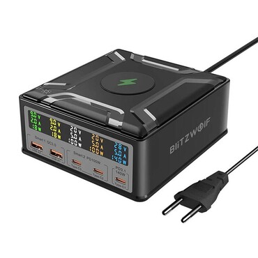 Fali 260W töltő Blitzwolf "BW-S28" 2x USB-A, 3x USB-C, 15W vezeték nélküli töltés - black