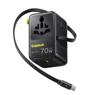 70W utazó adapter Baseus "EnerCore CG11 (E0307E00)" EU/UK/US/AU, 2x AC, 2x USB-A, USB-C kihúzható USB-C kábellel - black
