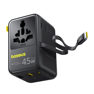45W utazó adapter Baseus "PicoGo AG11 (E0307F00)" EU/UK/US/AU, 2x AC, 2x USB-A, USB-C kihúzható USB-C kábellel - black
