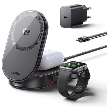25W vezeték nélküli töltőállomás Lisen "W121 3-in-1" MagSafe Qi2.2 iPhone, Apple Watch és AirPods készülékhez - black