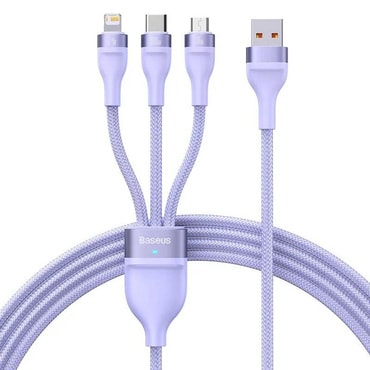 Töltő és adatátviteli 100W USB-A - USB-C, Lightning, Micro-USB káfehér Baseus "Flash Series 2" - 480Mbps - 1.2m - purple