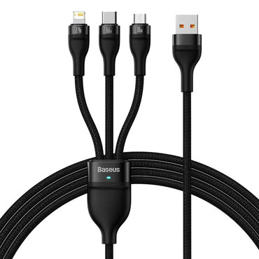 Töltő- és adatkáfehér 66W USB-A - USB-C, Lightning, Micro-USB Baseus "Flash Series 2" - 480Mbps - 1.2m - black