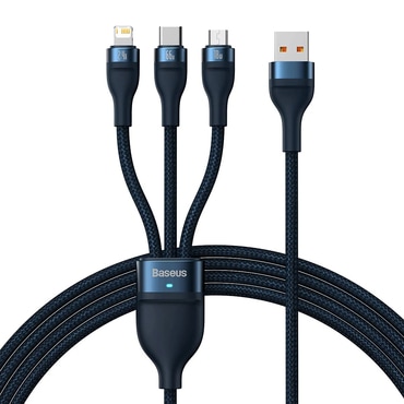 Töltő és adat 66W USB-A - USB-C, Lightning, Micro-USB káfehér Baseus "Flash Series 2" - 480Mbps - 1.2m - blue