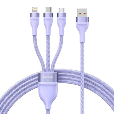 Töltő- és adatkáfehér 66W USB-A - USB-C, Lightning, Micro-USB Baseus "Flash Series 2" - 480Mbps - 1.2m - purple